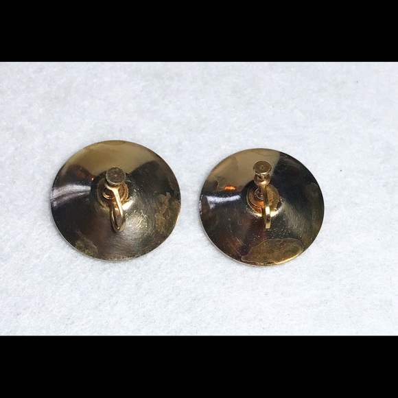 Vintage Gold Earrings Cone Shape with Cobalt Center Glass Bead Screw On Closure - Picture 3 of 3